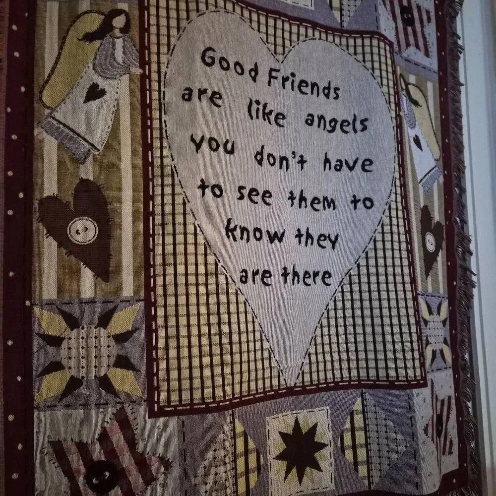 NWOT Good Friends are like Angels Tapestry Throw Blanket Throw: County Patchwork